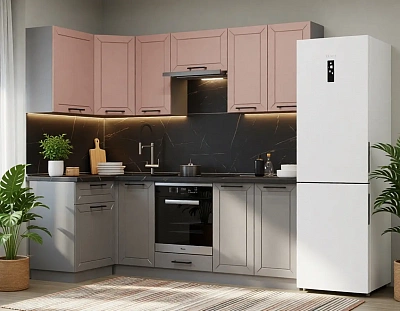 Угловой кухонный гарнитур Аликанте Кристалл Обсидиан / Шарли pink 1200х2400 (арт.34)